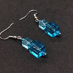 Geometric teal blue cube bead dangle earrings.